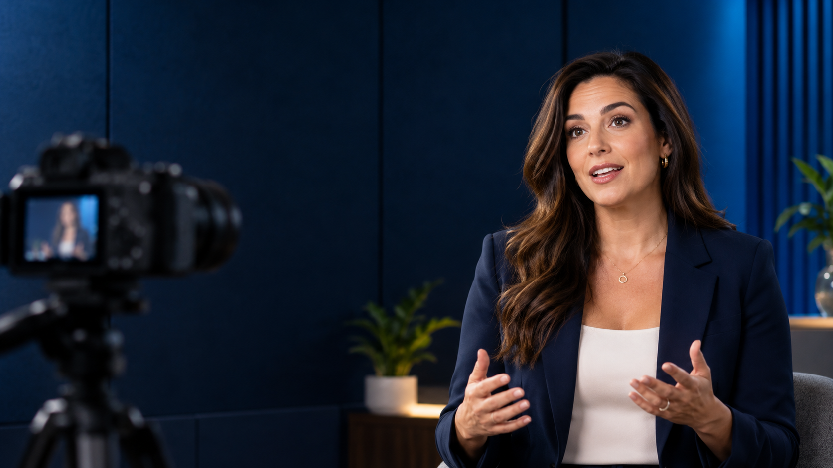 A business owner presents her company to a camera